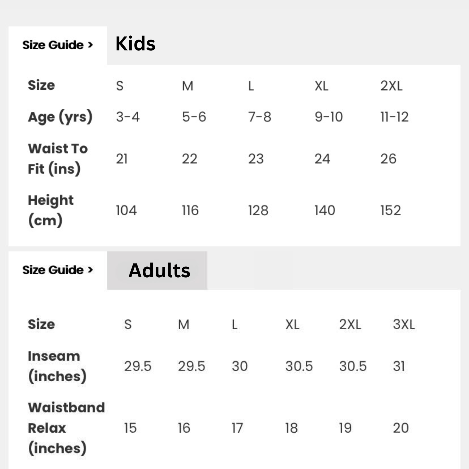 Kids Jogging Bottoms Sizingg